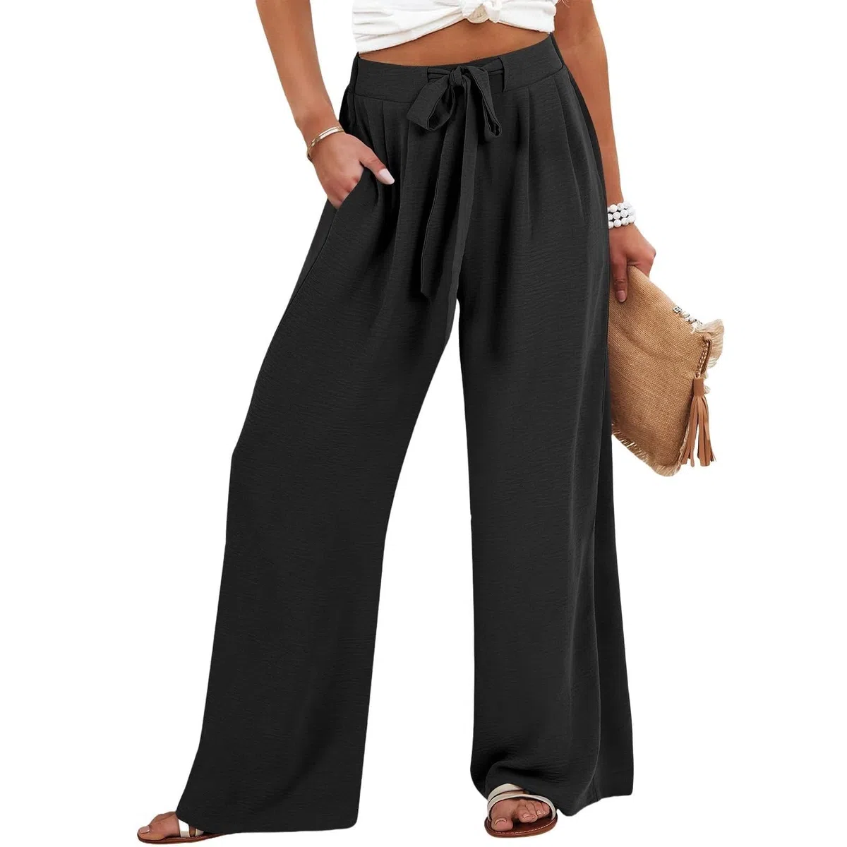Pantalon Coton Et Lin Femme Été Décontractés Pantalons Taille Haute Elastique Cordon De Serrage Confortable Léger Elegant Couleur Unie Respirant Ample Jogging Plage Pants avec Poches
