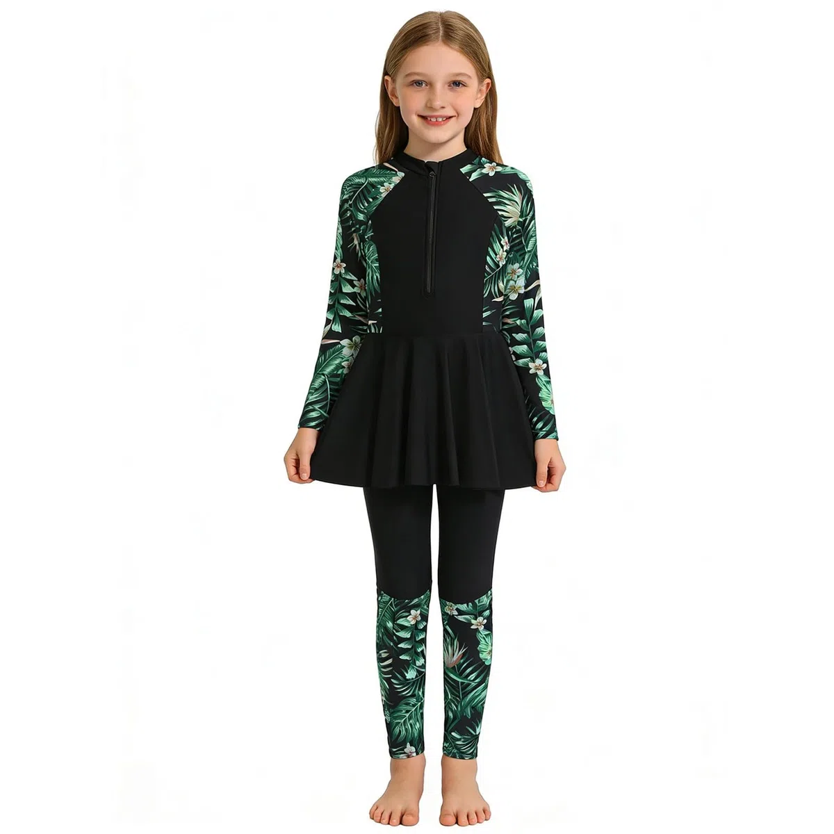 Maillot de bain musulman à manches longues Rashguard avec imprimé tropical - Maillot de bain 2 pièces - Maillot de bain modeste à volants - Maillot de bain islamique