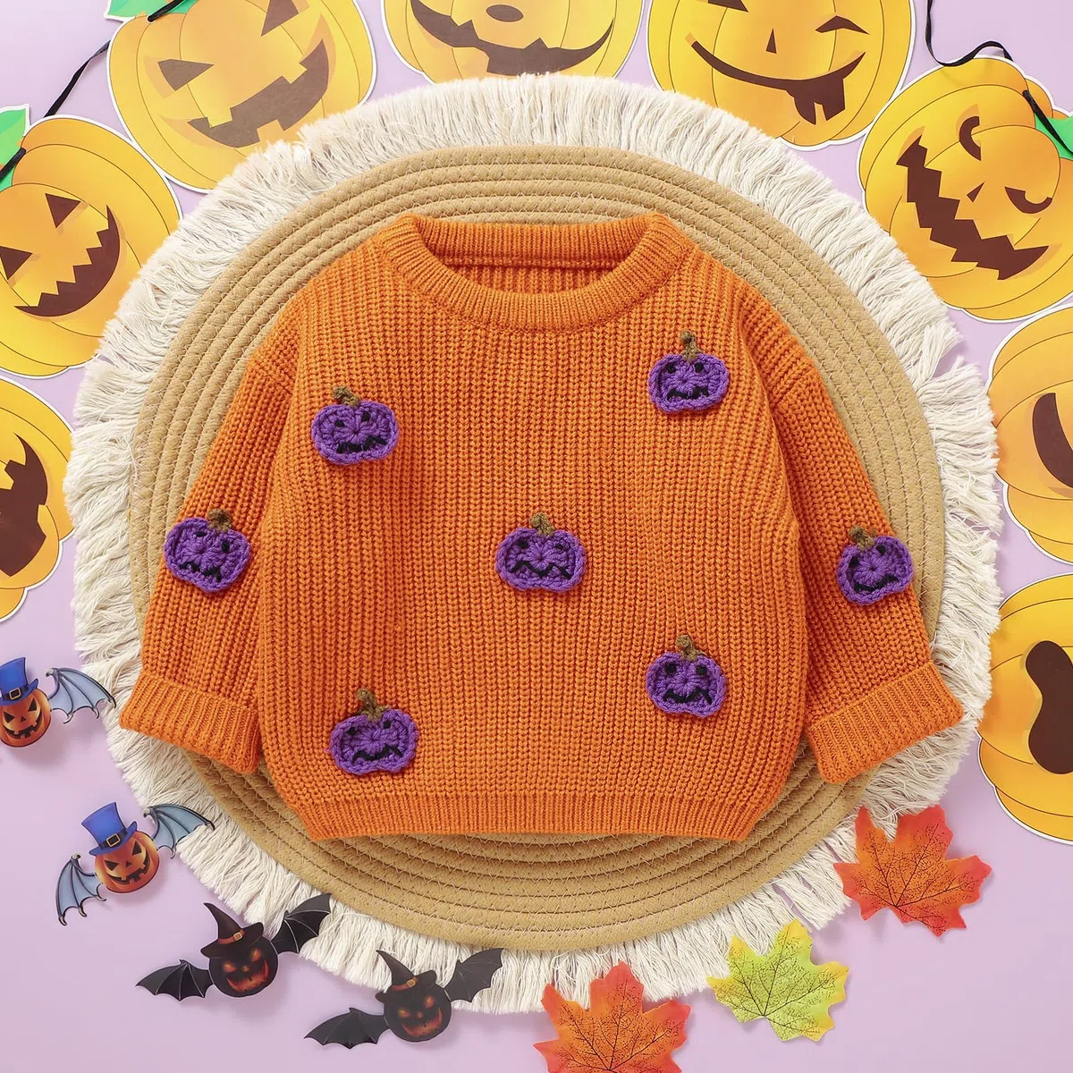 Pull unisexe pour bébé - À manches longues - Col rond - Citrouille - Lettre brodée - Pull en tricot - Pour bébé - Halloween - Fantôme citrouille
