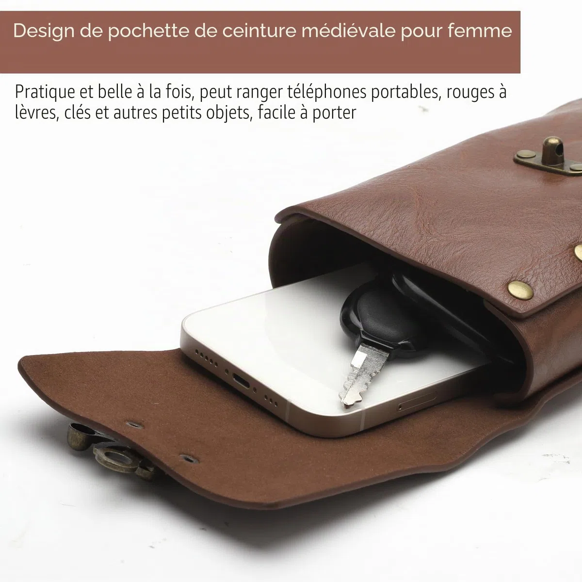 HENGBIRD Ceinture médiévale pour femme, sac de ceinture en cuir pour femme, sac en cuir médiéval, accessoire de ceinture médiéval pour femme, adapté pour le cosplay de la Renaissance, brun