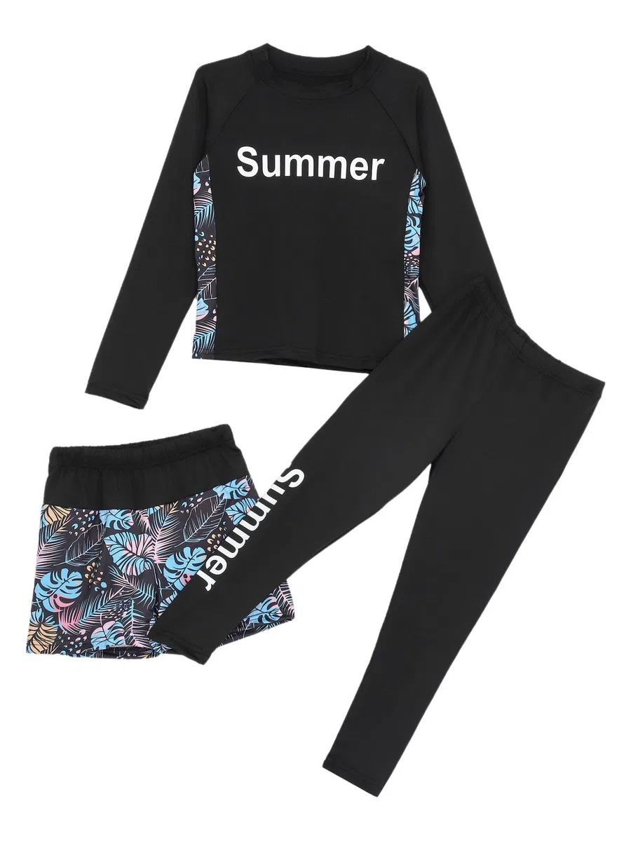 Runhomal 3 Pieces Maillot de Bain Fille Garcon Enfant Anti UV Manche Longue Tenue Surf Combinaison Plongée Short de Plage Piscine Swimwear