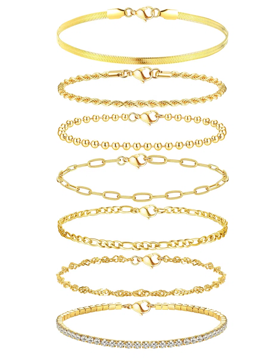 Adramata 7 Pcs Chaîne Bracelets pour Femme Bracelet Acier Inoxydable Femme Twist Figaro Zag Chaîne Bracelets Réglable CZ Fantaisie Bracelets Ensemble Argent Or Bracelets pour Femmes Filles