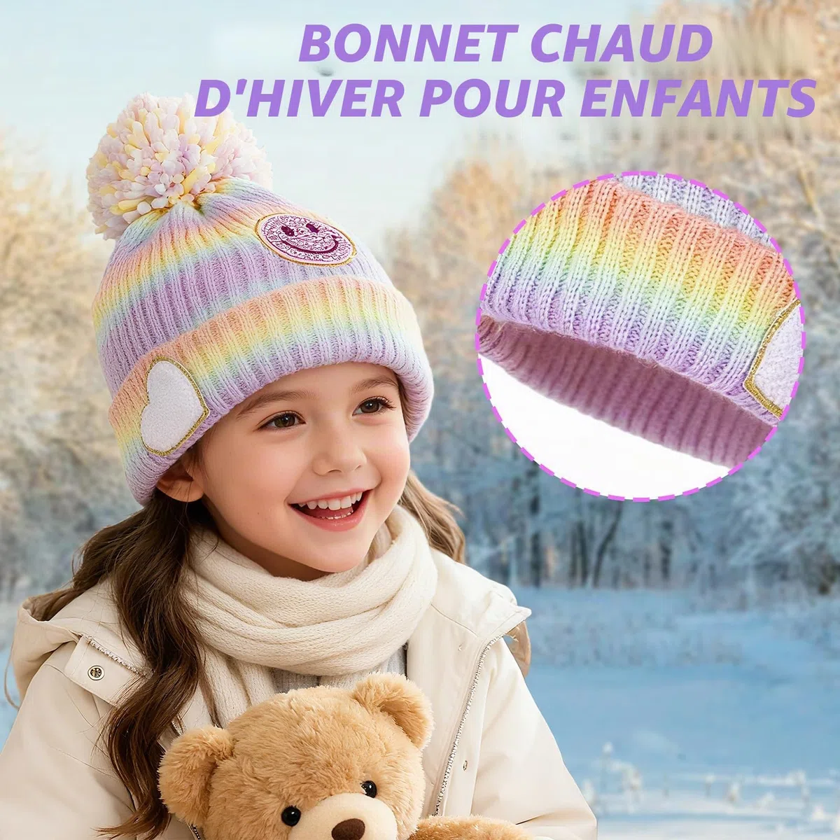 PinkSheep Bonnet d'hiver chaud pour filles avec accessoires décoratifs, bonnet tricoté doux au toucher pour enfants de 4 à 14 ans, accessoires tendance pour filles