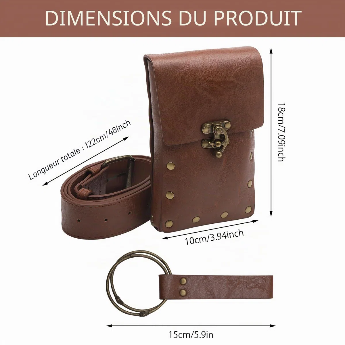 HENGBIRD Ceinture médiévale pour femme, sac de ceinture en cuir pour femme, sac en cuir médiéval, accessoire de ceinture médiéval pour femme, adapté pour le cosplay de la Renaissance, brun