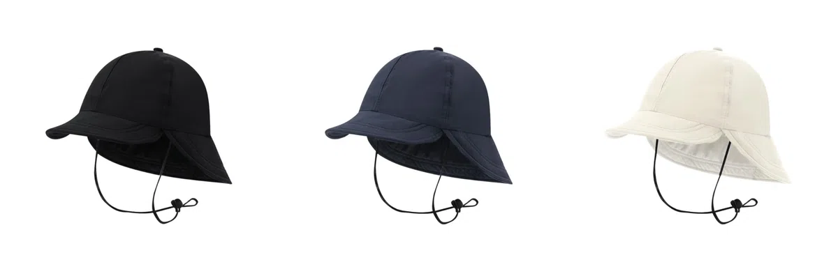 Casquette avec protection du cou, 6 panneaux, visière et rabat arrière, cordon réglable, polyester