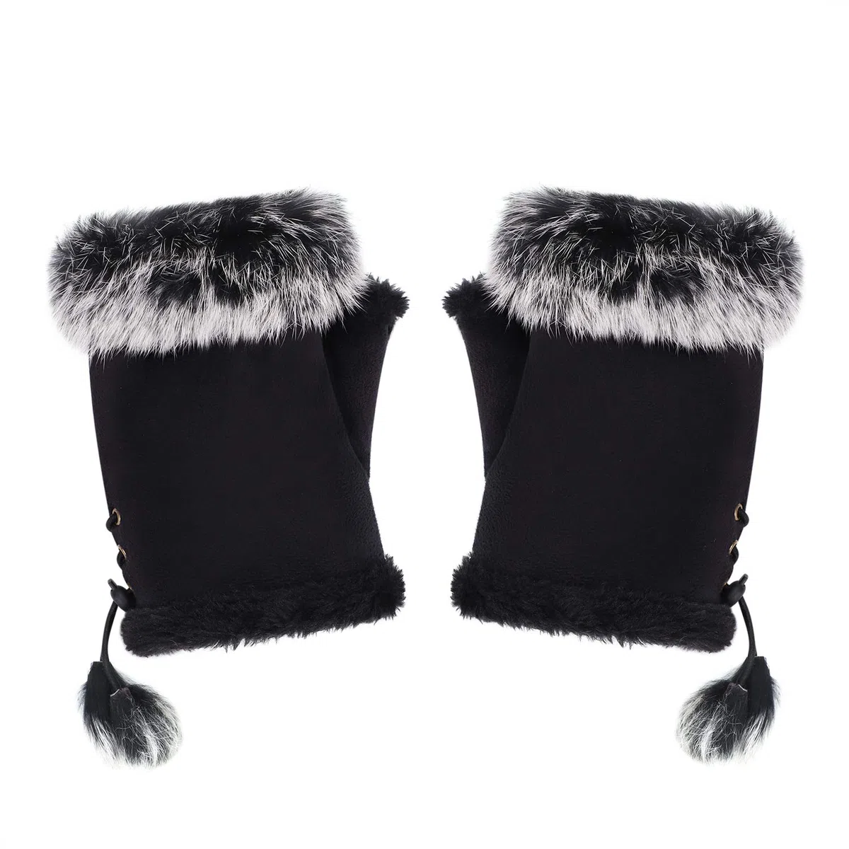 LONTG Mitaines Fourrure Fausse Chaud Souple Gants à Ecran Tactile Poignet Demi-doigt Réglable Moufles d'Hiver Automne Printemps Cyclisme Conduit Moto Cadeau de Noël pour Femme Fille