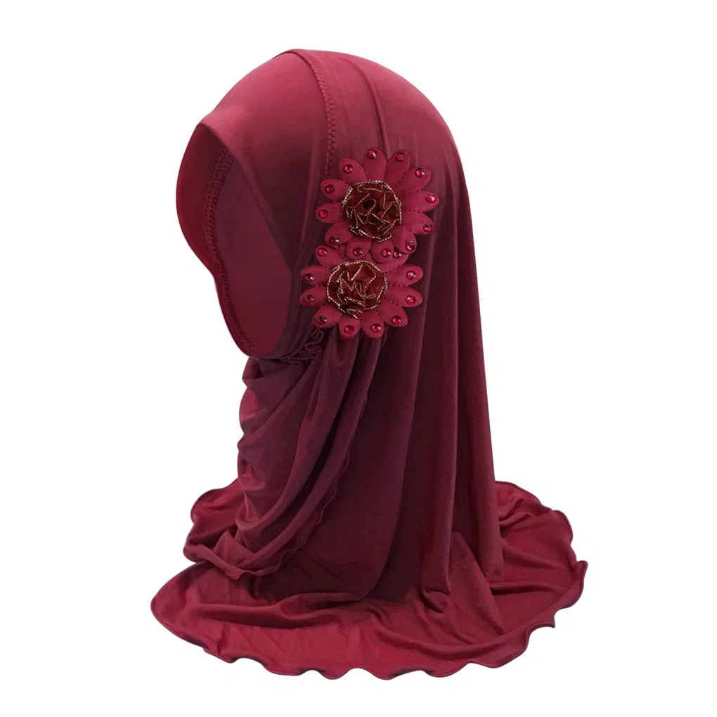 RUIXIA Hijab à Enfiler pour Fille Foulard Islamique pour Fille Turban Musulmane en Mousseline Châle Islamique avec Décoration en Motif de Fleur