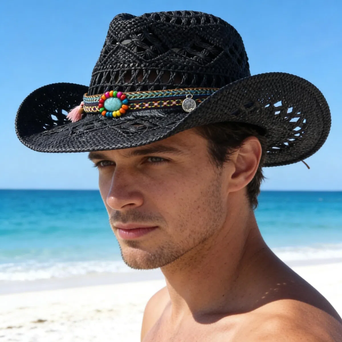 Chapeau de Cowboy Homme Femme Western Cowgirl Hat Brésilien Bohême Paille Panama avec Bande Chapeau de Soleil d'été Chapeau de Plage Cowboy Hat