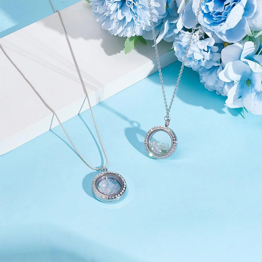 PLIGREAT 2 médaillon Flottant à Mémoire Vivante Pendentif Médaillon Rond en Acier Inoxydable de 25mm avec Strass et Cadre Photo Breloques pour Bricolage et Cadeaux