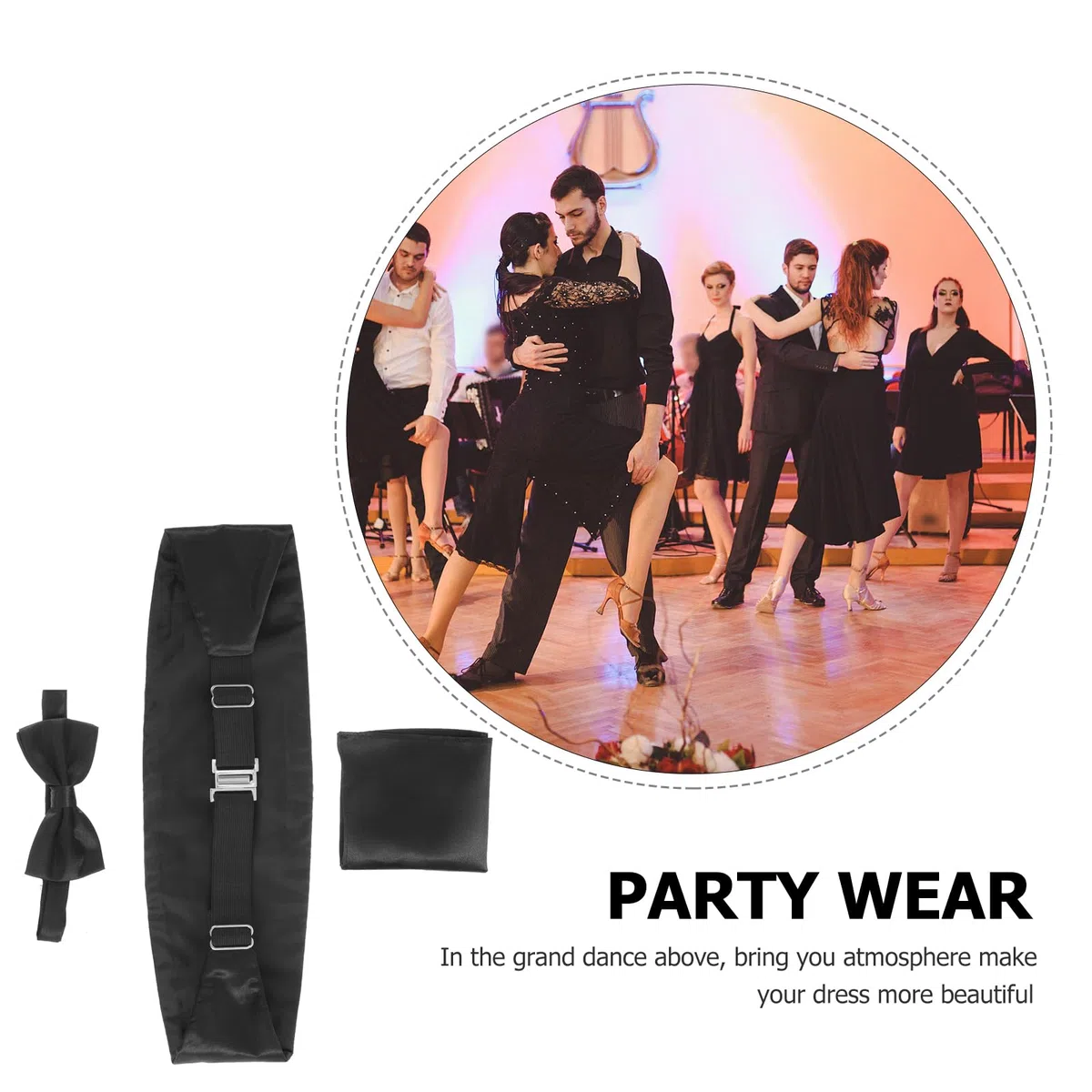 Rosenice Ensemble de 3 pièces en satin noir pour homme avec nœud papillon, ceinture de smoking et mouchoir de poche