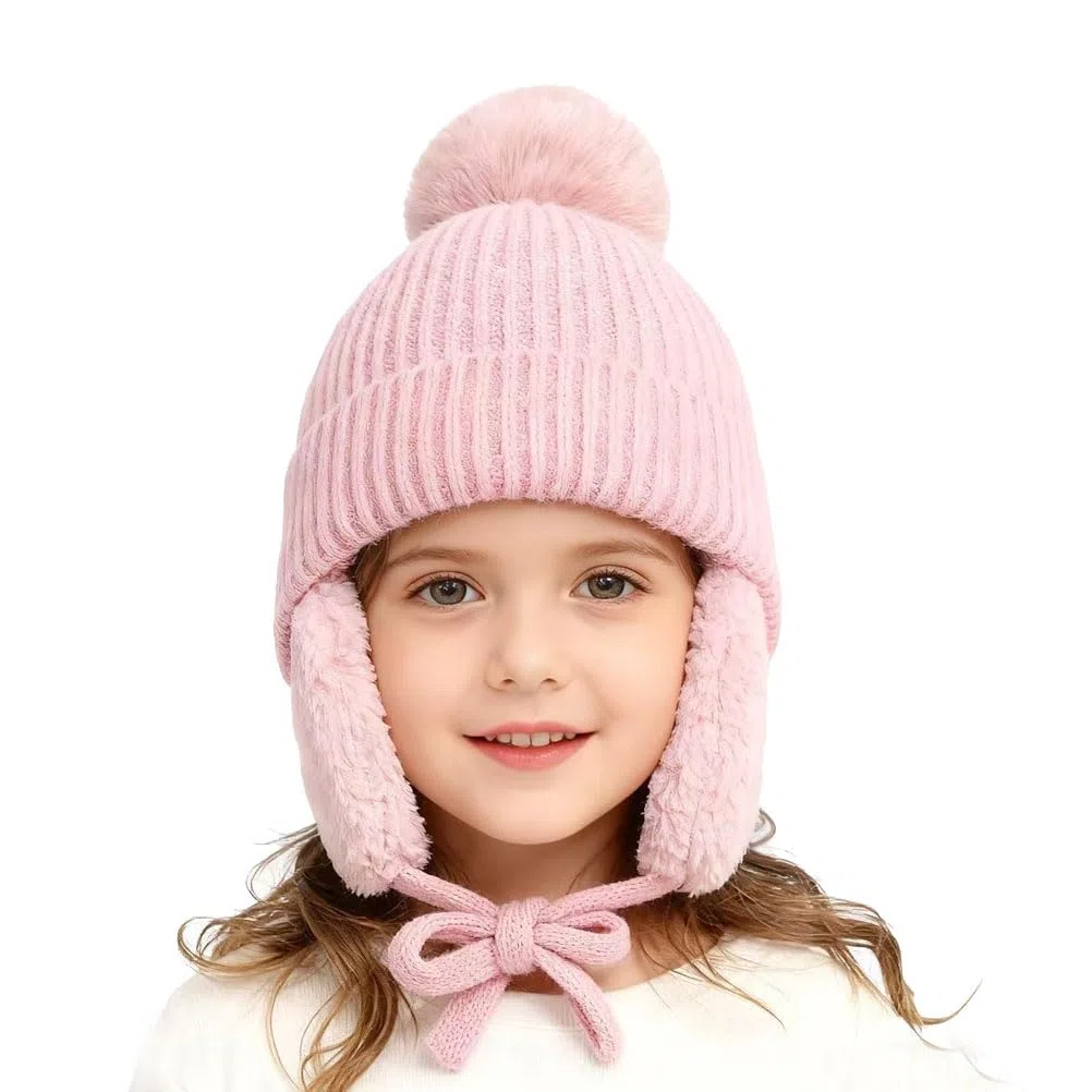 Bonnet d'hiver chaud avec cache-oreilles pour garçons et filles - Doublure en polaire épaisse - Pompons - Bonnet de ski et de sports de neige