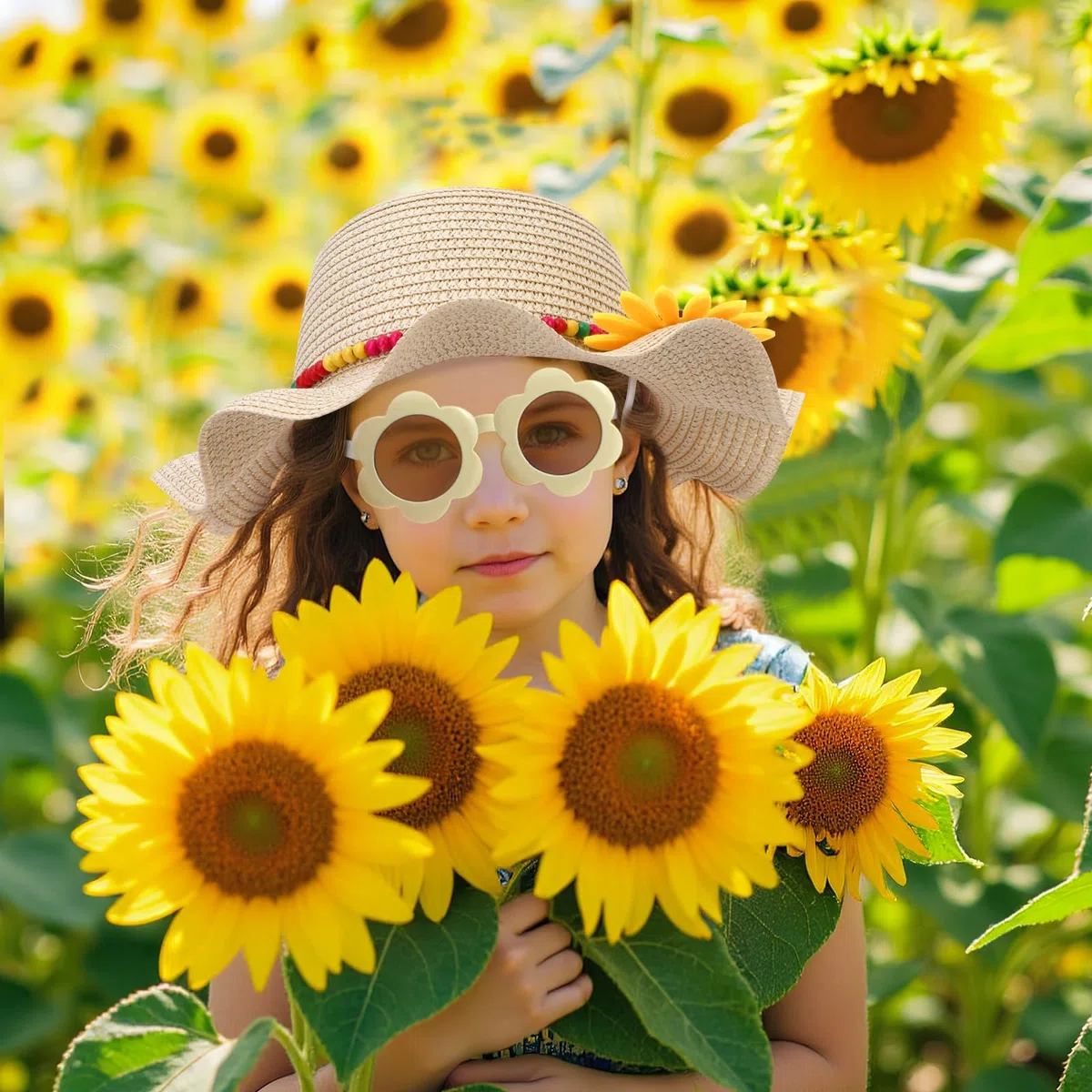 Chapeau de Paille et Petit Sac pour Filles, Ensemble de Chapeau de Soleil Décoré de Fleurs avec Lunette de Soleil Bijoux pour Enfants, Chapeau d'été à Larges Bords pour Les Voyages à la Plage