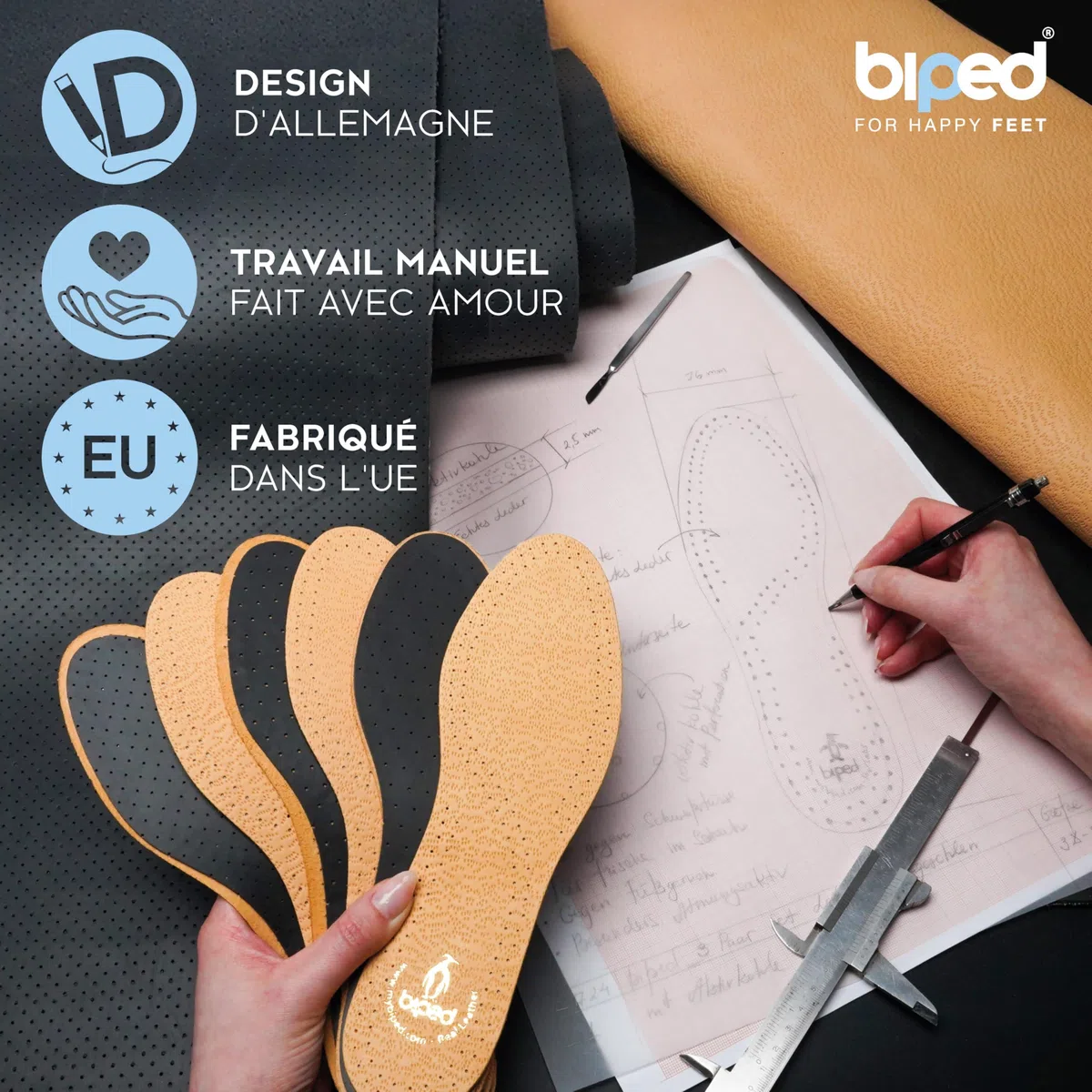 biped 3 paires de semelles en cuir de qualité supérieure avec charbon actif - Semelles contre les pieds moites - Semelles en cuir souple pour hommes et femmes z1724(42-43)