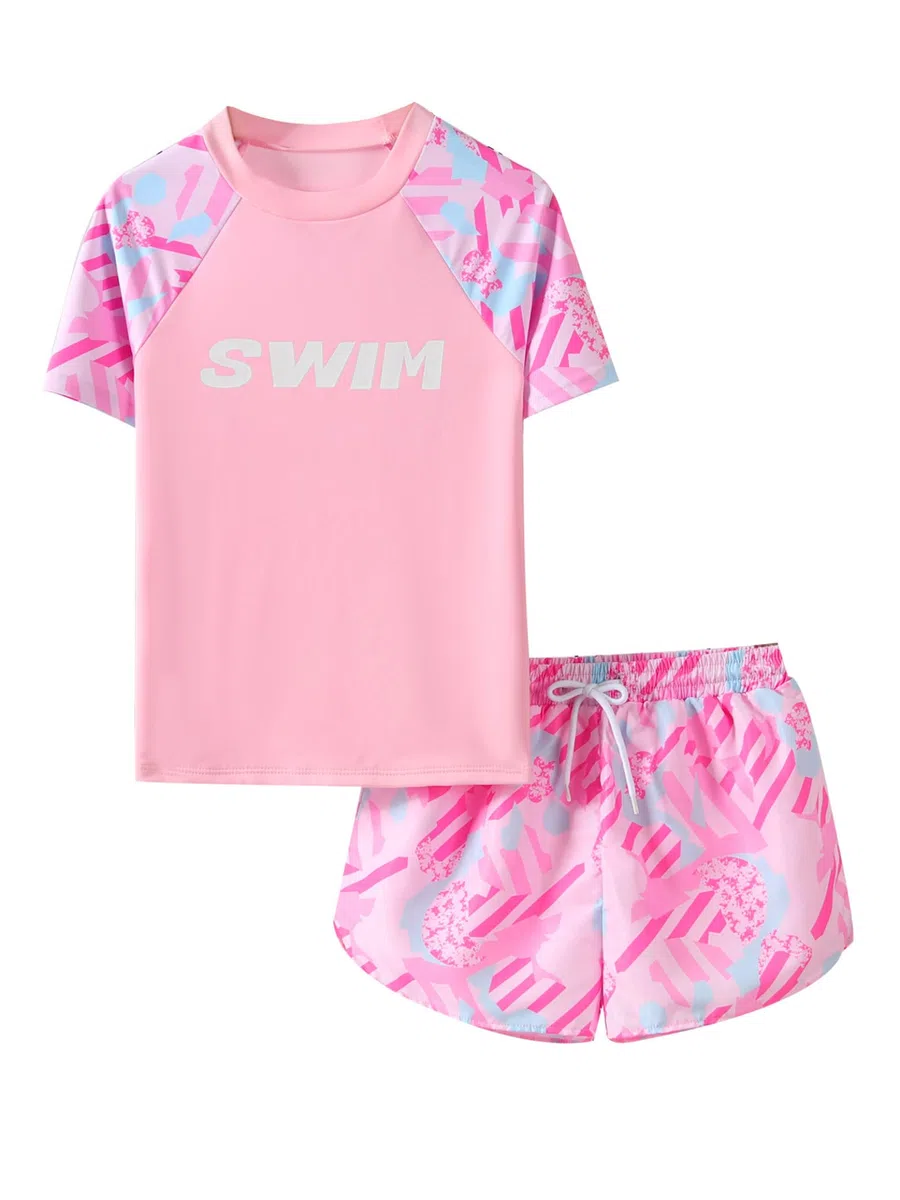 Jugaoge Maillot de Bain Enfant Fille 2 Pièces T-Shirt Manches Courtes et Short de Bain Natation Rash Guard 7-13 Ans