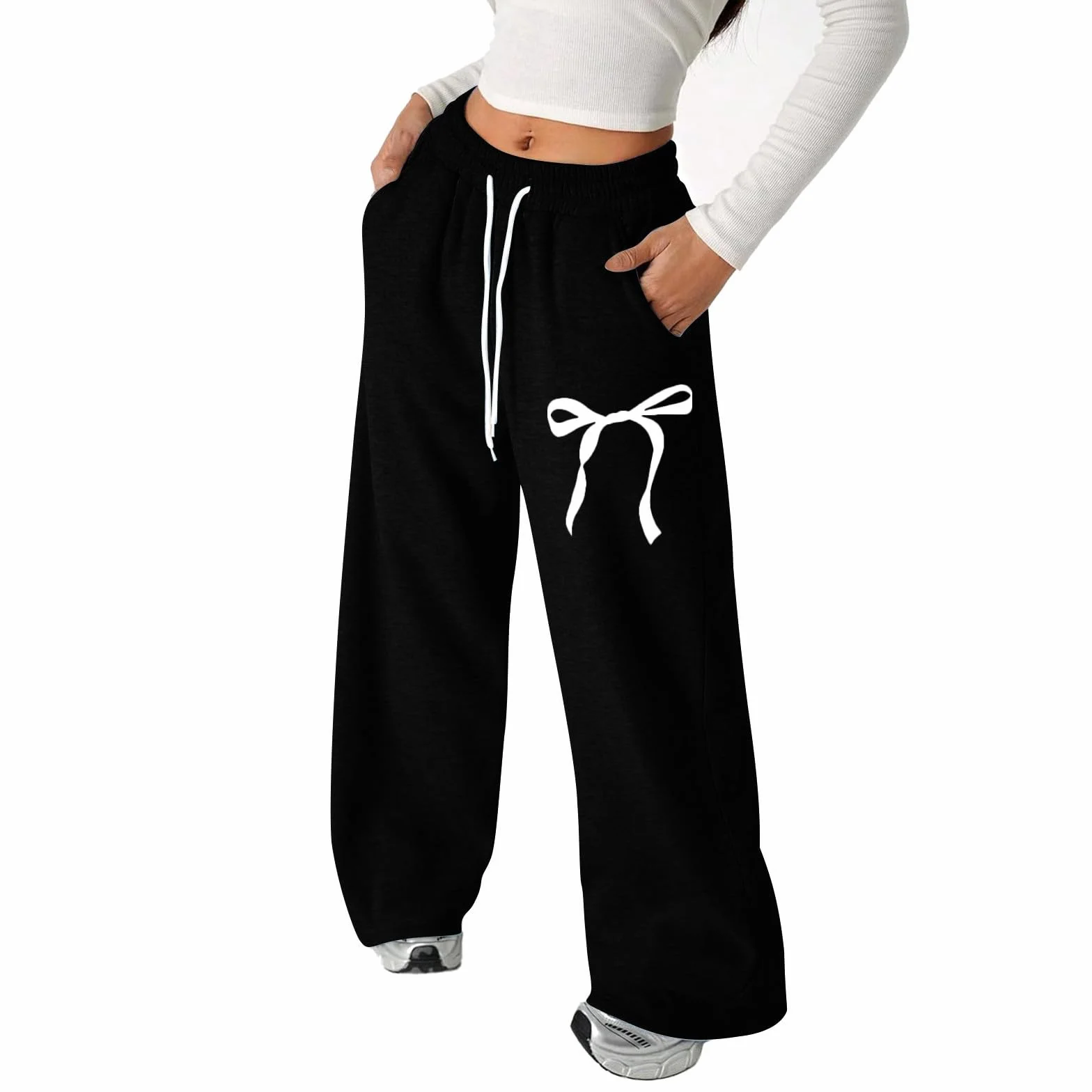 Pantalon de jogging baggy 2026 avec nœud pour fille, pantalon de sport léger avec jambes droites, poches pour fille