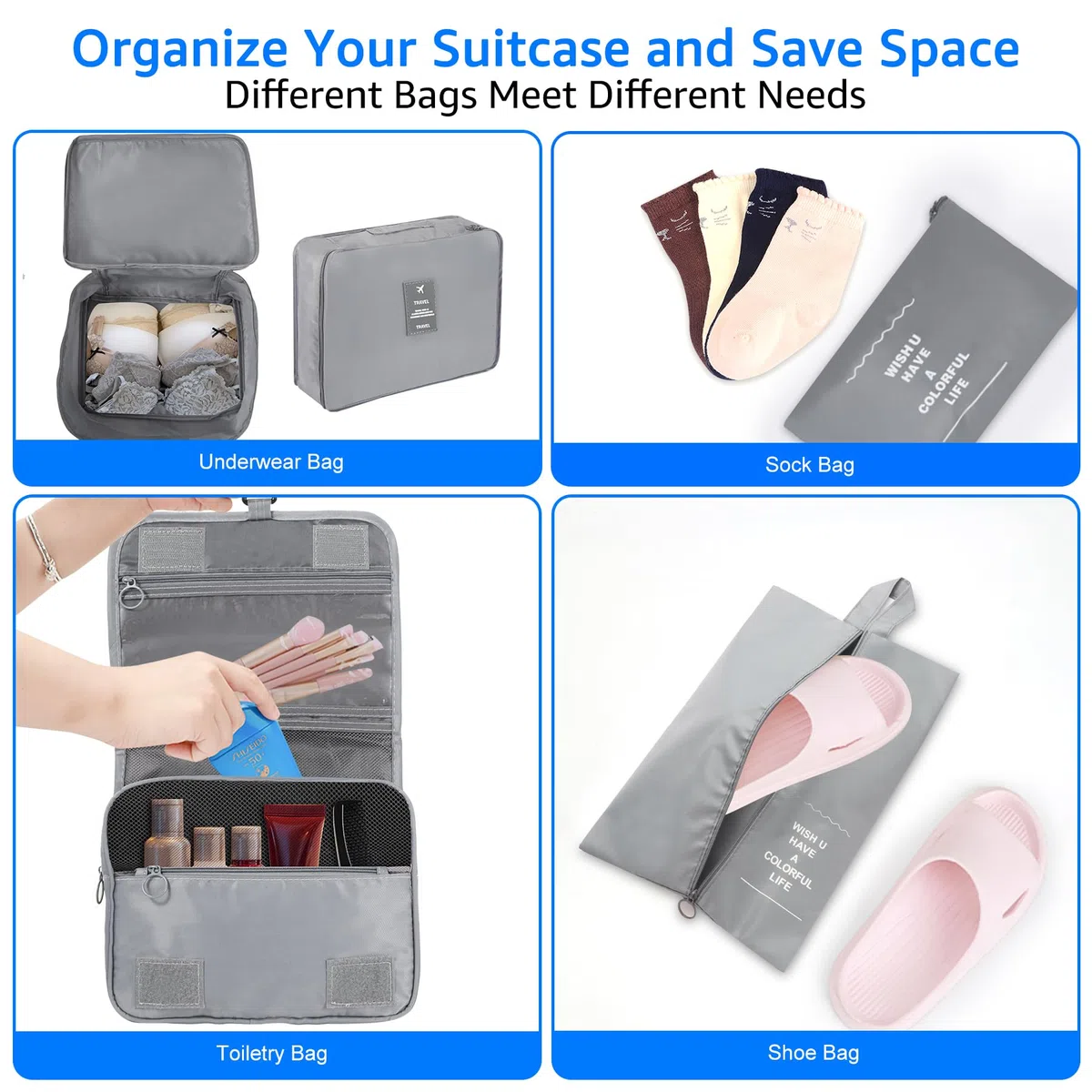 WECUTE Organisateur Valise,11 Pièces Organisateur de Valise, Packing Cubes pour Les Vêtements, Organisateur Voyage pour Les Vêtements, Chaussures et Cosmétiques (Gris)