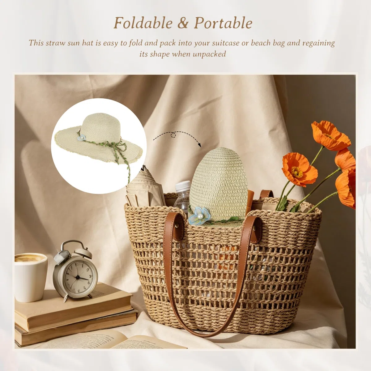 Chapeau de Soleil en Paille pour Femme, Large Bord UPF 50+, Chapeau de Plage été Pliable et Roulable pour Voyager
