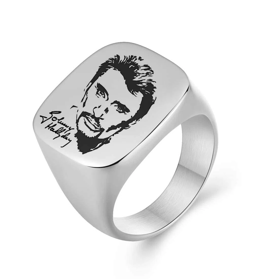 Johnny Hallyday Bague Chevalière Homme Acier Inoxydable Anneau Bague Sceau avec Signature Johnny Le Boss Rock