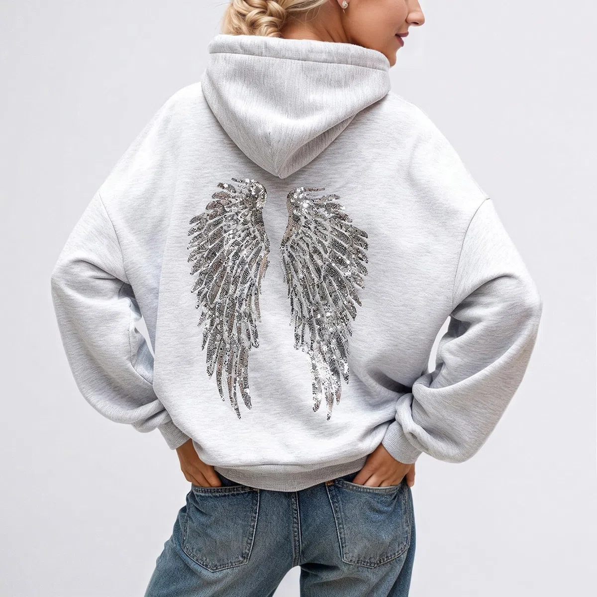 Générique Pull Ange Sweat a Capuche Femme avec Ailes d'ange en Strass et Poches Décontracté Sweatshirt Casual Manche Longue Hoodies Automne et Hiver Chaud Streetwear Sport Vêtements