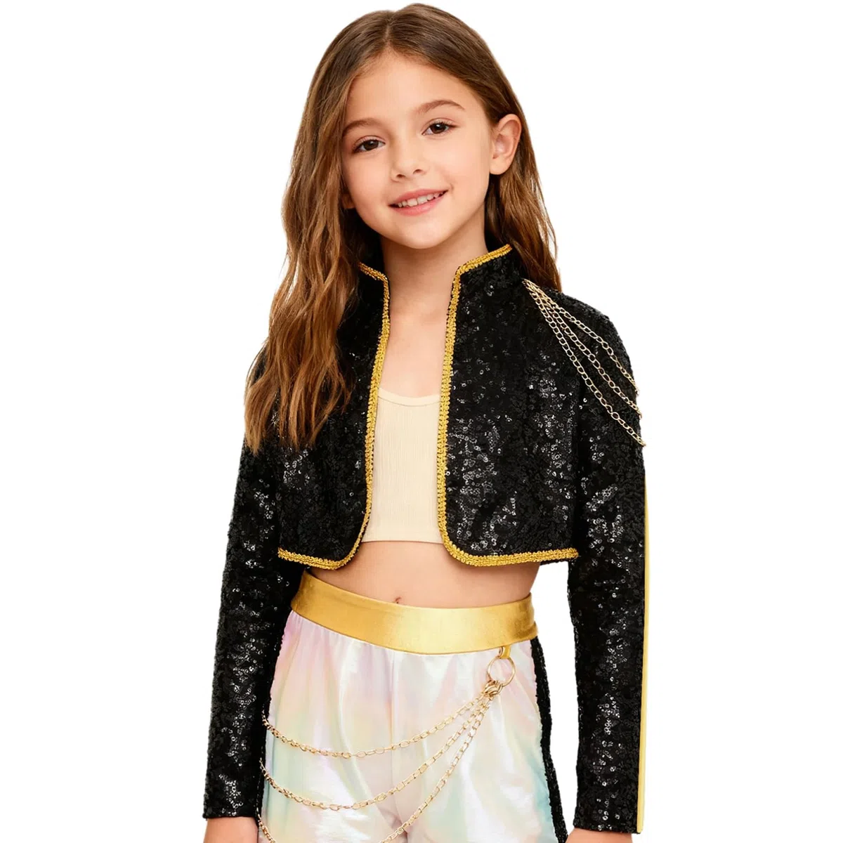 Aislor Enfant Fille Veste Chanteuse K-Pop Idole Manteau Pailletté Chanteur Danse Hip Hop Sortie Vêtement D'extérieur