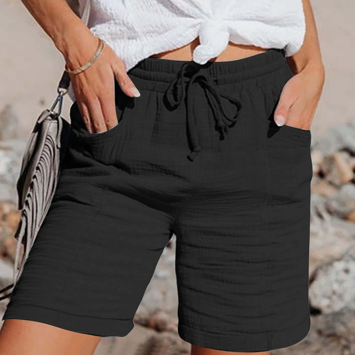 Bermuda Femme Été Lin Large Été Avec Poches De Plage Taille Haute Pantalon Court Ample Décontracté Gaze De Coton Leger Shorts Fluide Respirant Vetement Classique Elastique La Marche Pantacourt