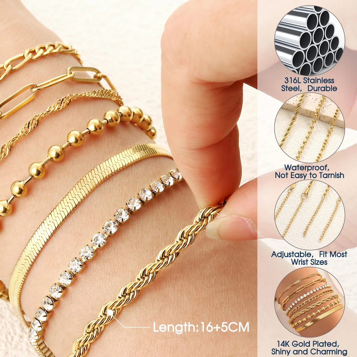 Adramata 7 Pcs Chaîne Bracelets pour Femme Bracelet Acier Inoxydable Femme Twist Figaro Zag Chaîne Bracelets Réglable CZ Fantaisie Bracelets Ensemble Argent Or Bracelets pour Femmes Filles