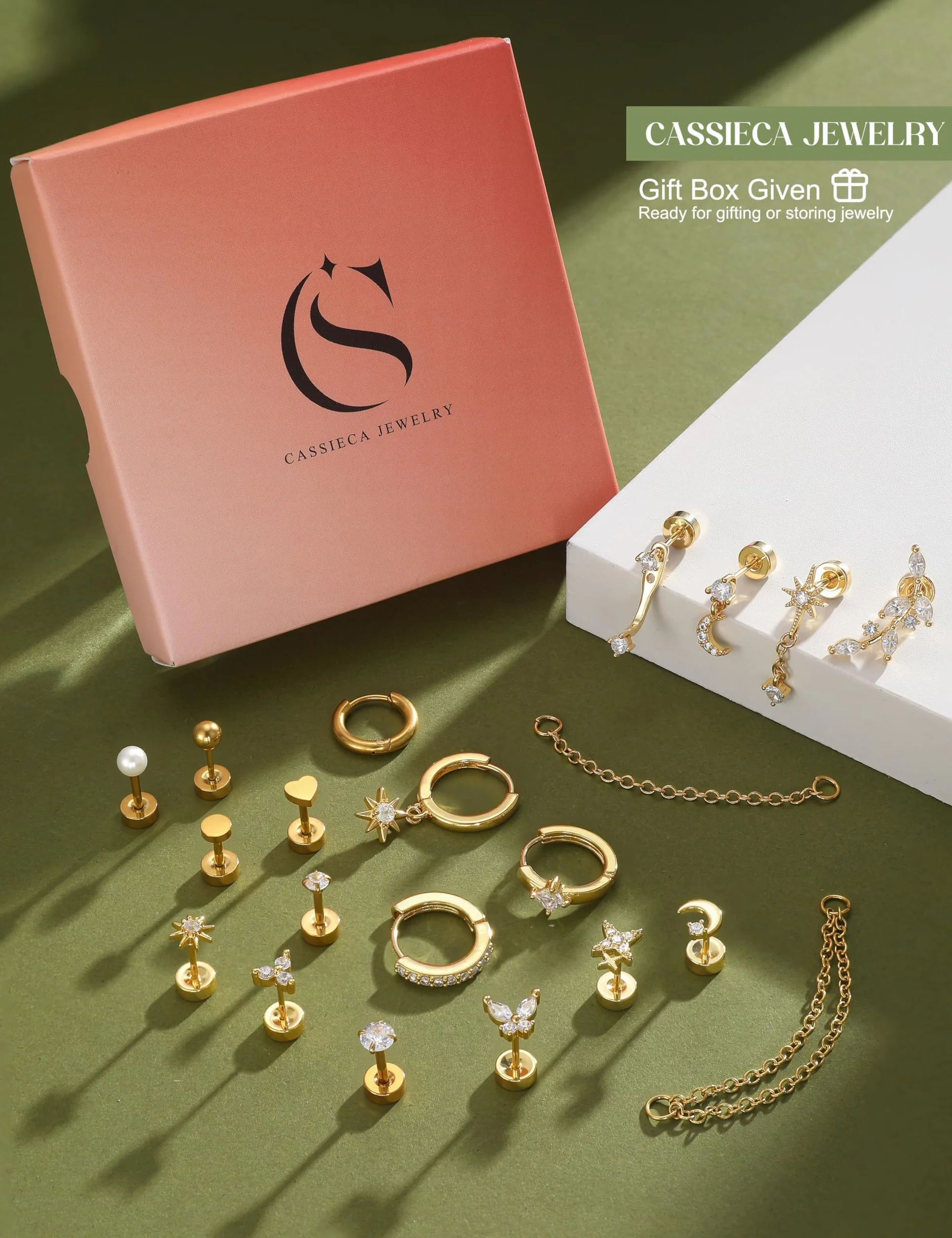 CASSIECA 21Pcs Boucles d'Oreilles Femme Piercing Oreille Acier Inoxydable Boucles d'Oreilles Or Argent Piercing Helix Conch Tragus Daith Bijoux Femme