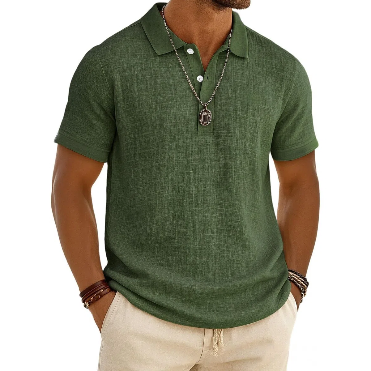 Chemise Homme Style Henley Col Mao Manches Lin Mélangé Ample Décontracté pour Été Bureau