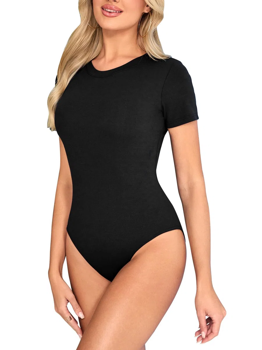 Body Femme Manches Courtes Bodys Femme Chic Col Rond Bodysuit Élastiqué Body String avec Snap