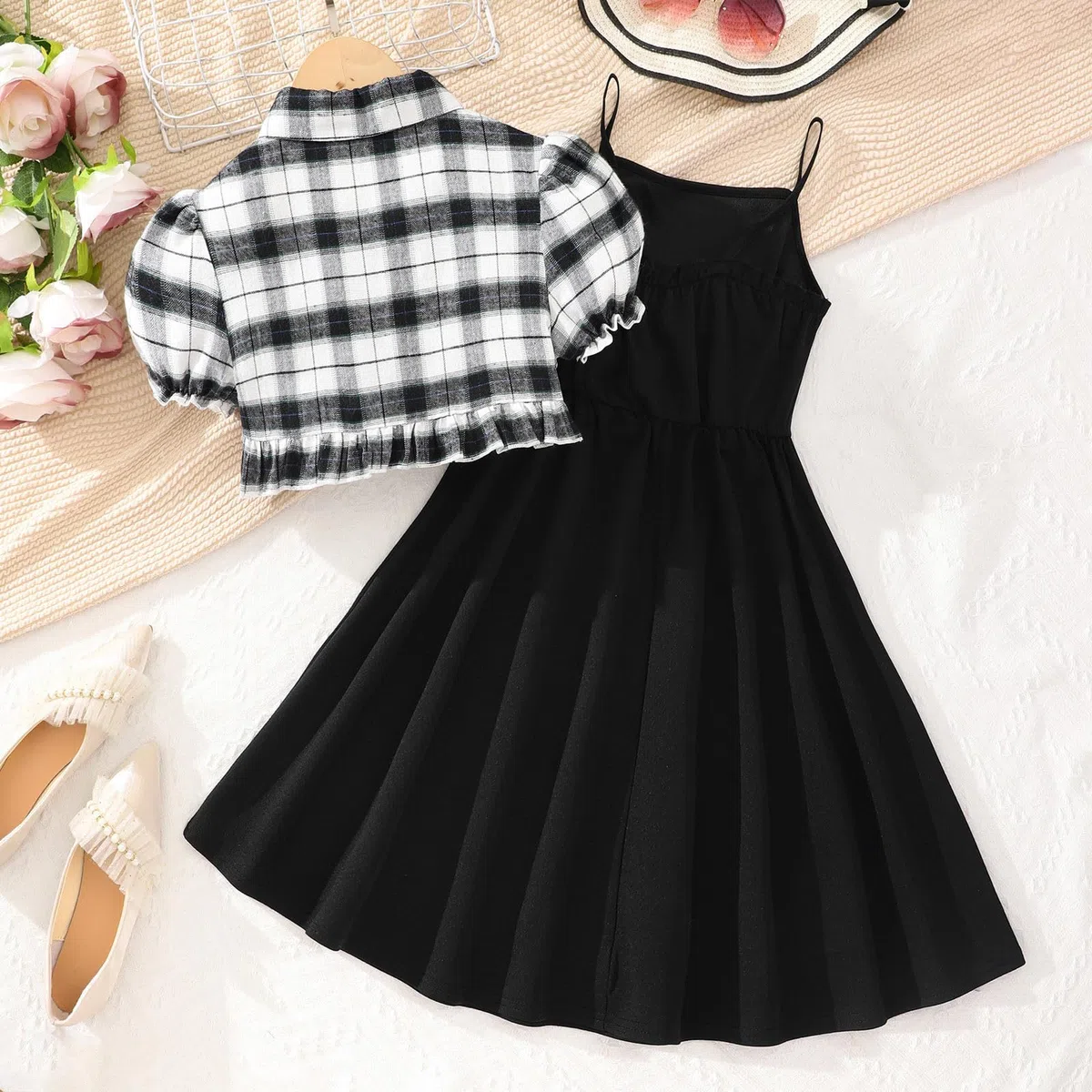 Ensemble de vêtements d'été pour Petites Filles, Hauts et Robe Solides à Manches Courtes, Tenues 2 pièces pour Enfants Combinaison Fille Noire