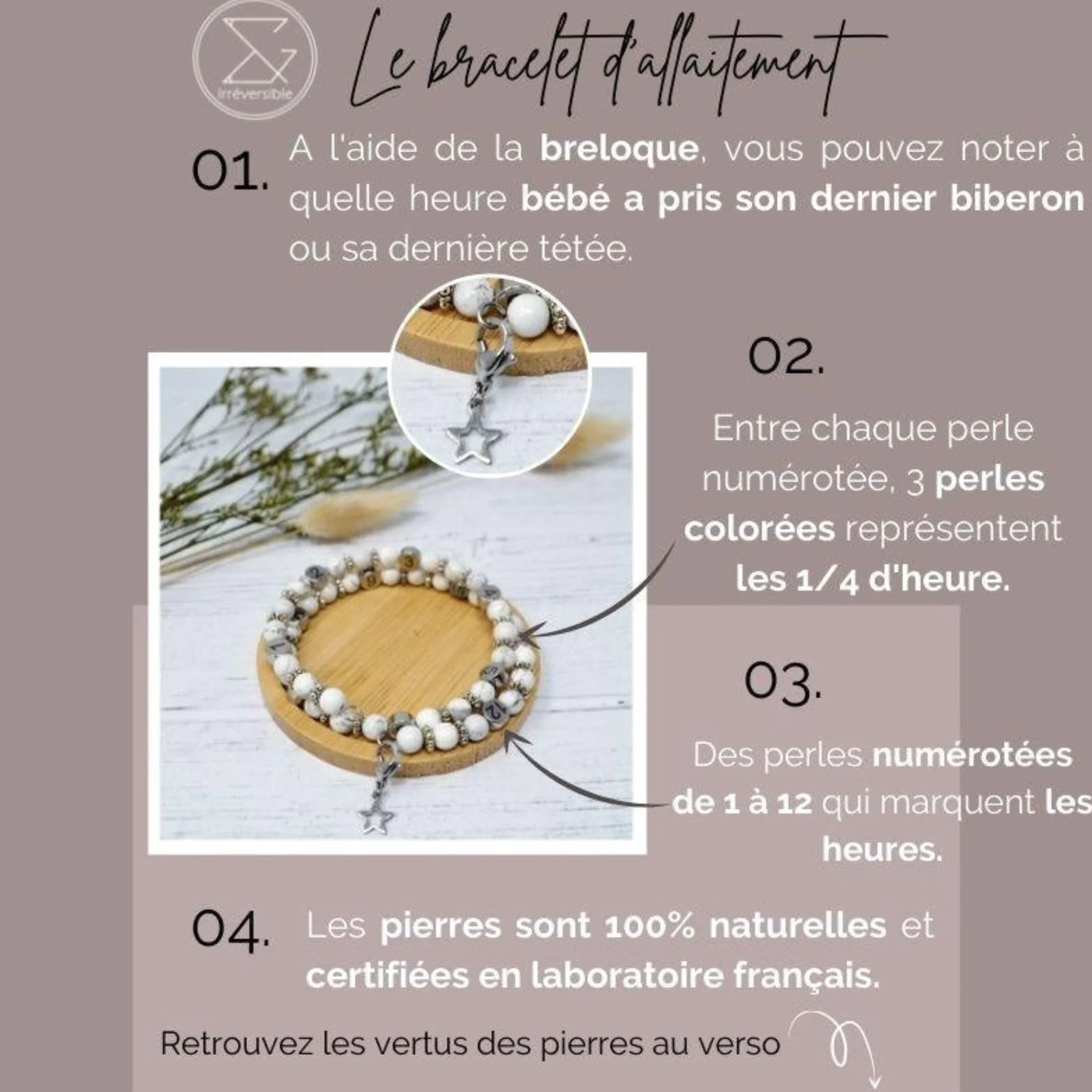 IRREVERSIBLE BIJOUX - Bracelet d'Allaitement & Biberonnage Pierres Aigue Marine Béryl - Suivi Précis Heures Tétées/Biberons - Pierre Apaisante Certifiée - Ajustable - Cadeau Baby Shower maman Unique