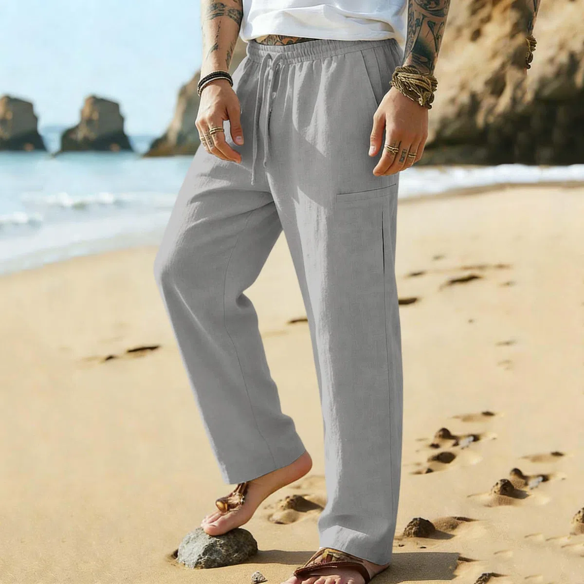Pantalon Lin Homme été Pantalons De Sport Homme avec Taille élastique à Cordon De Serrage Réglable Modèle Droit Confortable Et Respirant pour La Plage Les Vacances Les Loisirs Et Le Quotidien été