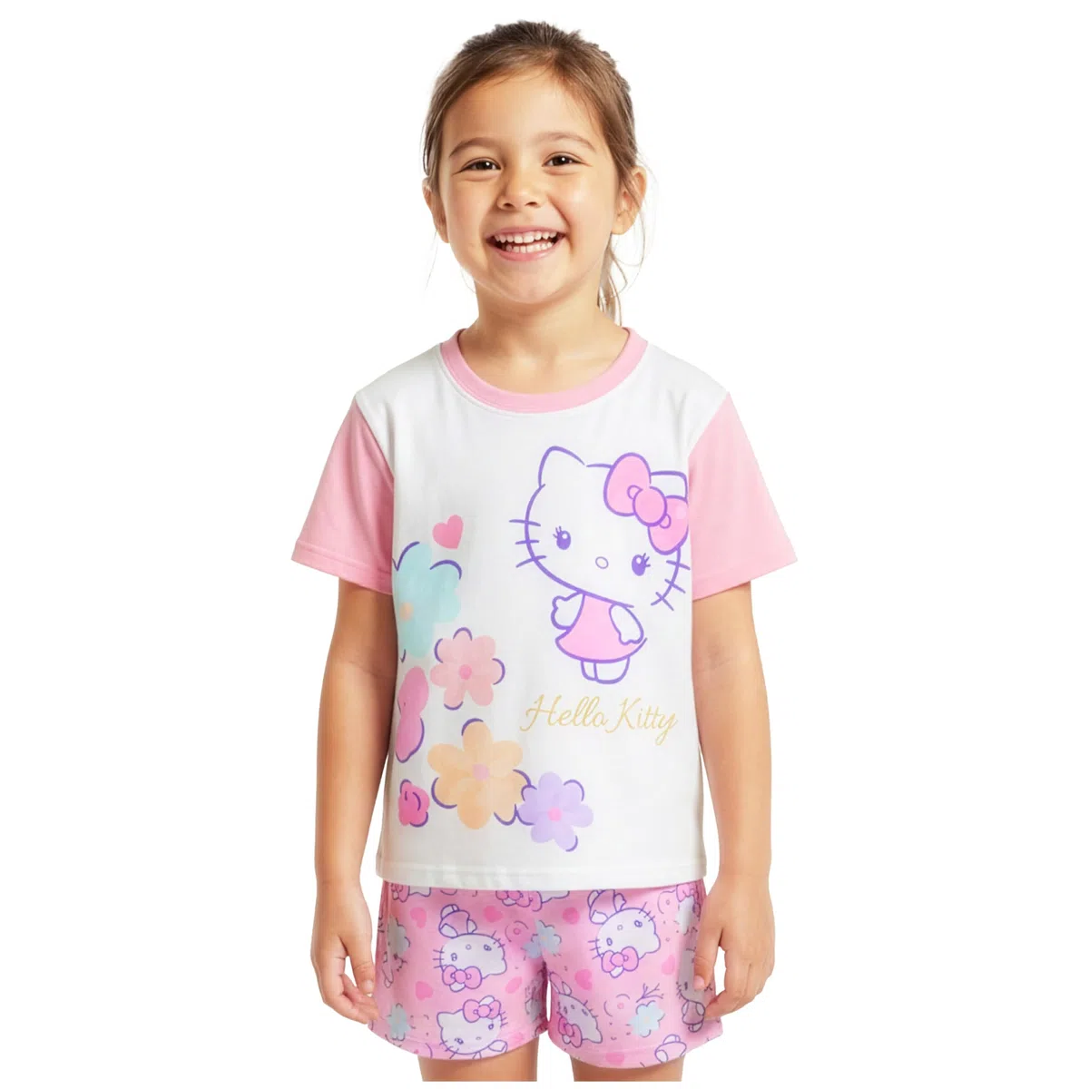 Get Trend Hello Kitty Ensembles de Pyjama Fille, 2 Pièces Été T-Shirt Manches Courtes et Pyjama Short, Cosy Vêtement de Nuit, Kawaii Cadeau Fille