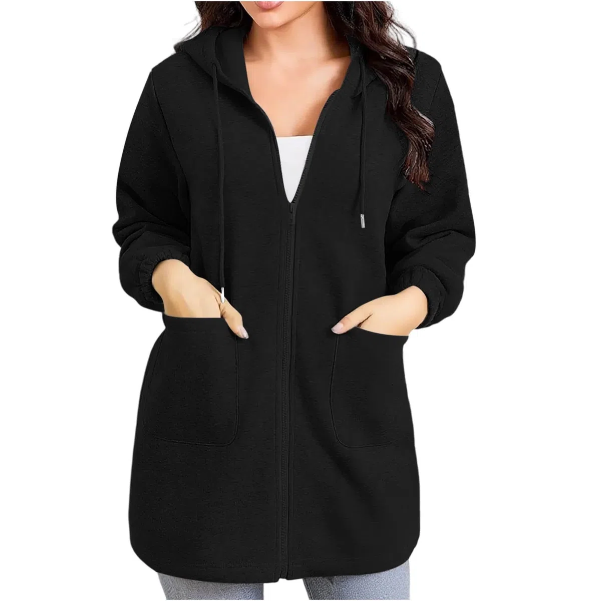 RLEHJN Sweat Long Femme Avec Capuche Sweat À Capuche Basique Zippé Pour Femmes Veste Manches Longues Femme Avec Poches Sweatshirt Manteau Long Avec Cordon De Serrage Outwear Loisirs