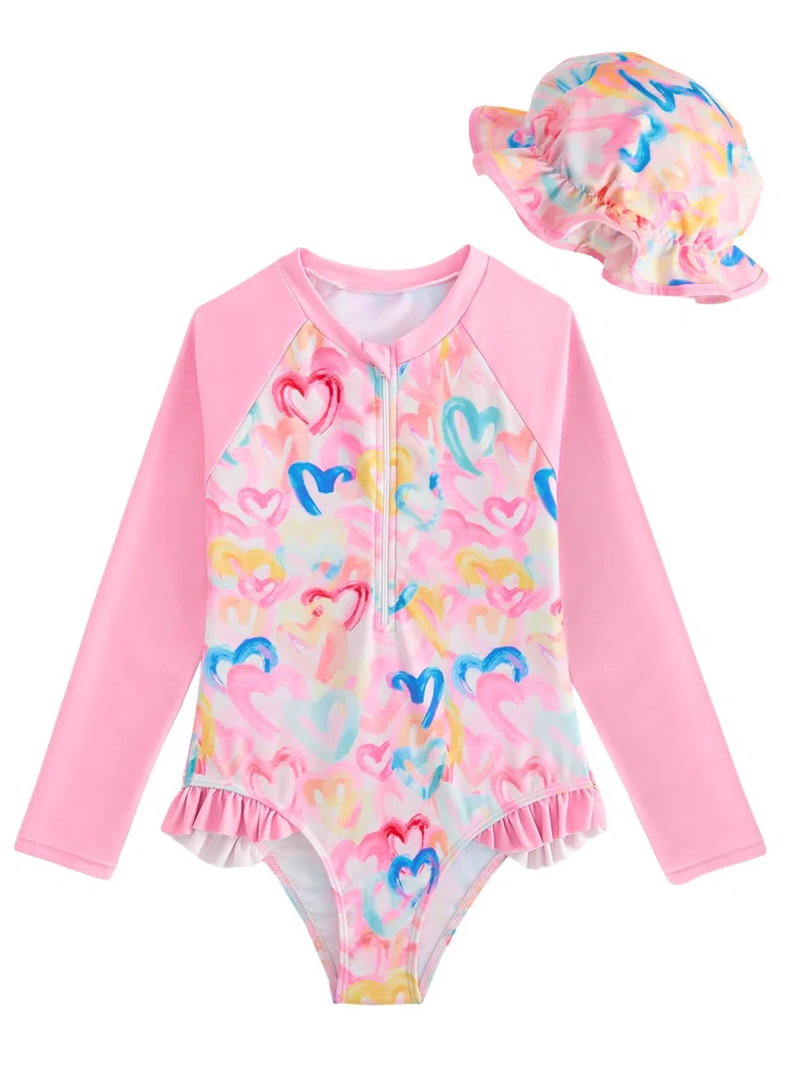 JiAmy Maillot de bain une pièce Rashguard à manches longues pour fille avec capuche, fermeture éclair, maillot de bain imprimé
