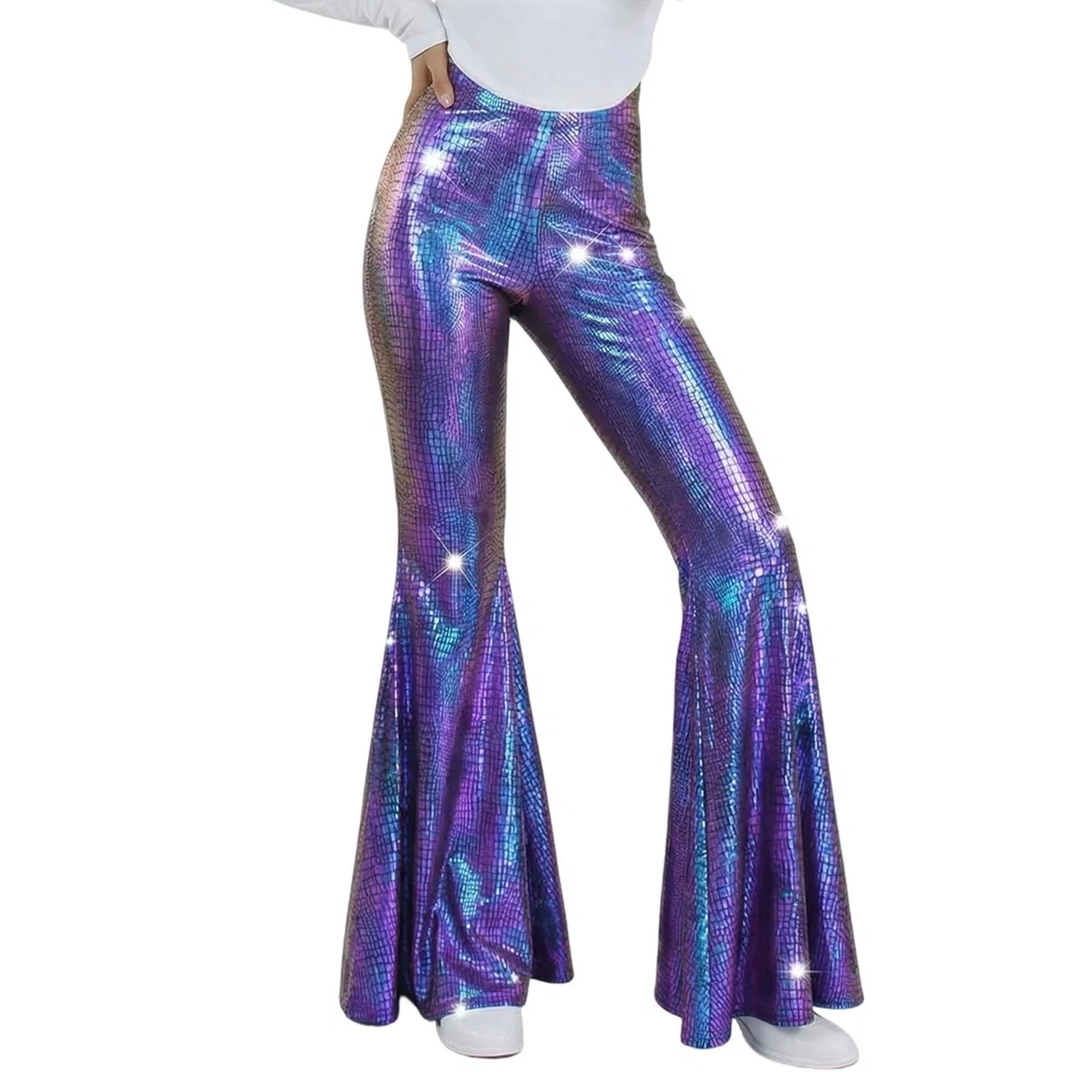 Pantalon à paillettes pour femme - Pantalon long métallique à paillettes - Tenue des années 70 - Taille haute - Élégant - Vintage - Hip Hop - Disco - Fête - Festival