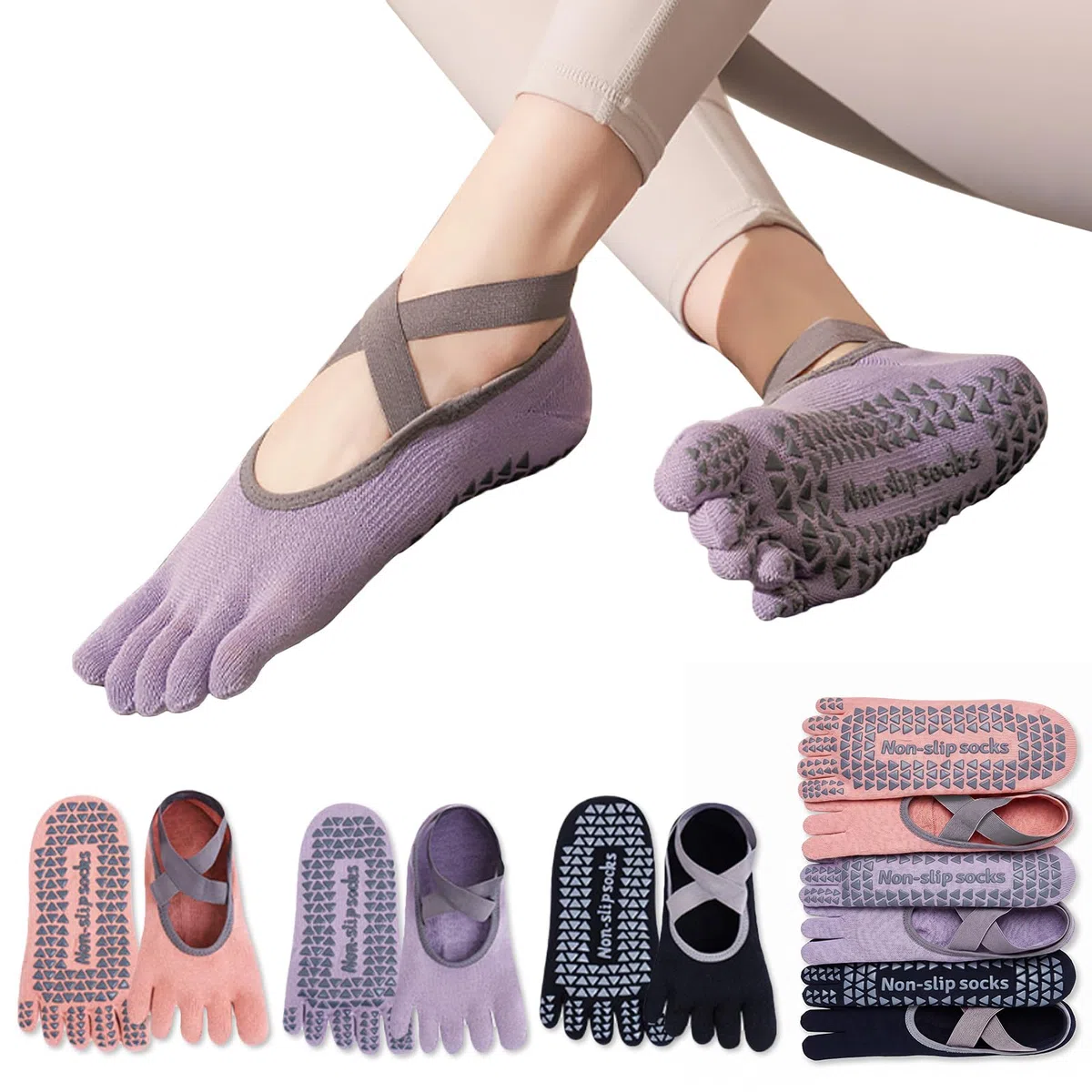 Lot de 3 Paires Chaussettes Yoga Antidérapantes Femme 5 Doigts, Chaussettes Pilates Grip en Coton Respirant, Idéal Grossesse, Barre et Fitness, Taille EU 35-39 / UK 3-6 / US 5-8