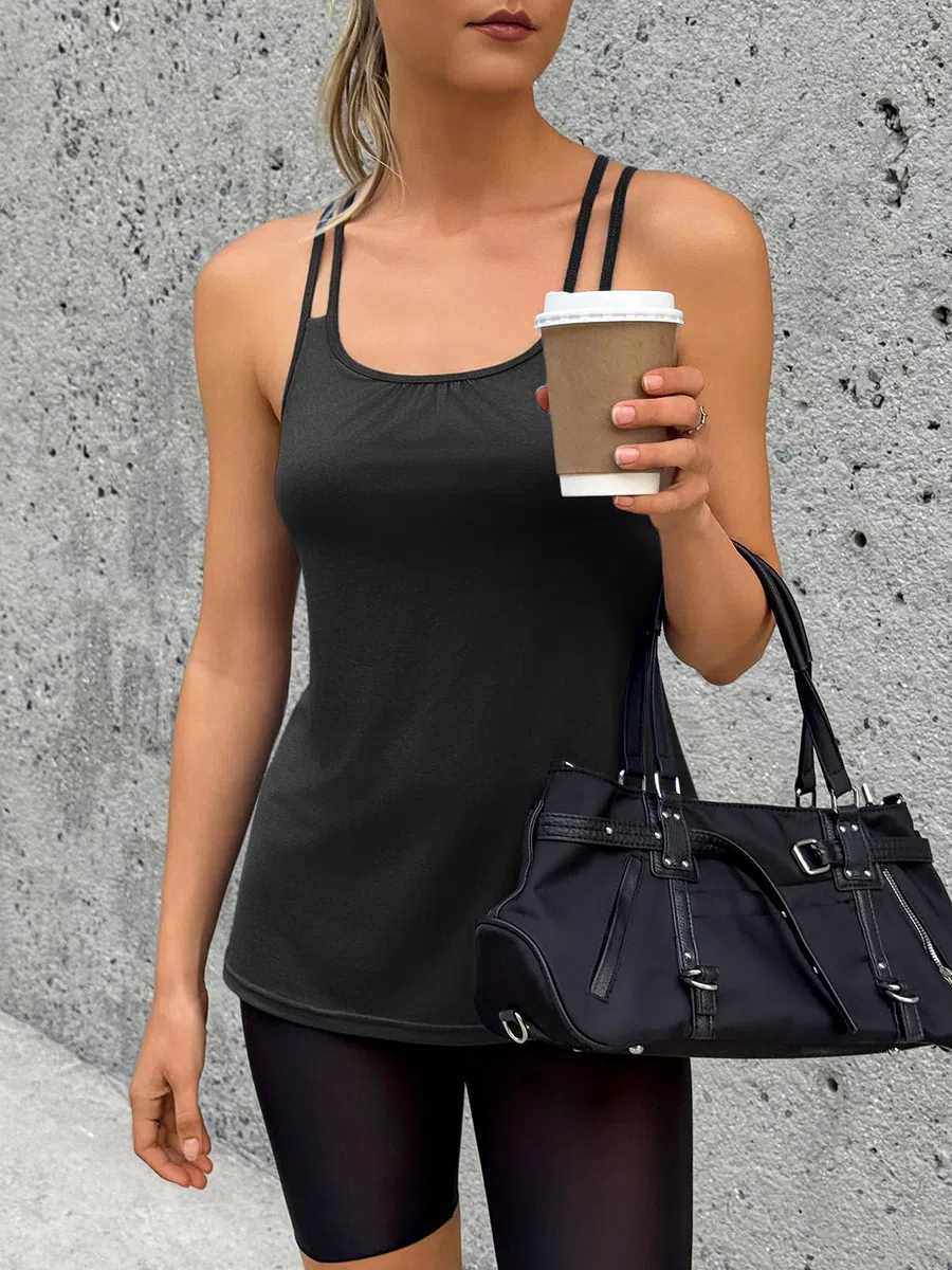 Fisoew Débardeur d'entraînement pour femme - Sans manches - Bretelles spaghetti - Avec soutien-gorge intégré - Pour le sport, le yoga, la gym