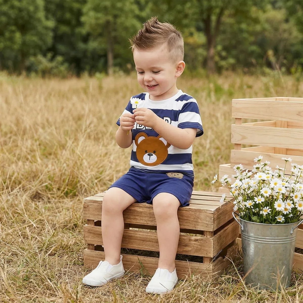 Carolilly Ensemble Bébé Garçon 2 Pièces, T-Shirt Rayé à Manches Courtes avec Motif Ours + Shorts Assortis, Tenue d'Été pour Enfant