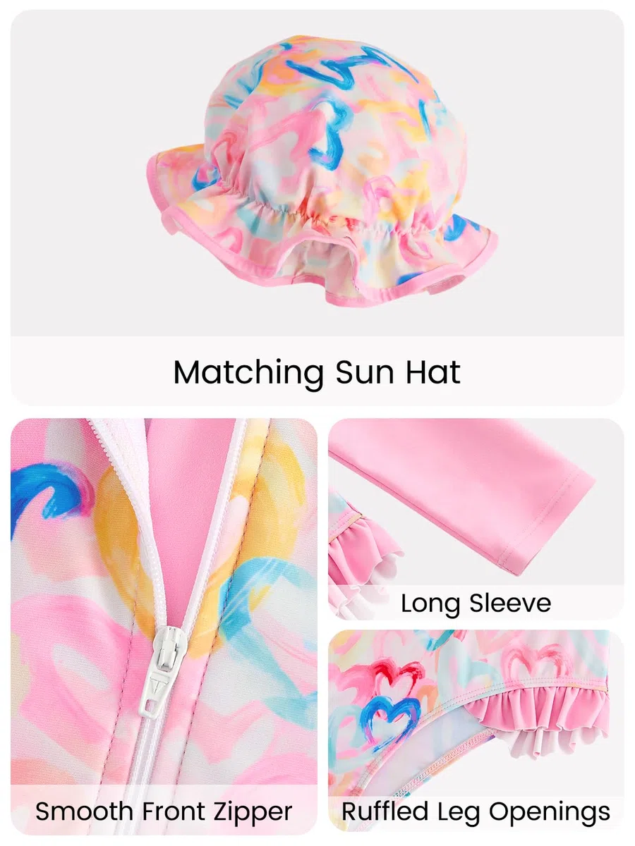 JiAmy Maillot de bain une pièce Rashguard à manches longues pour fille avec capuche, fermeture éclair, maillot de bain imprimé