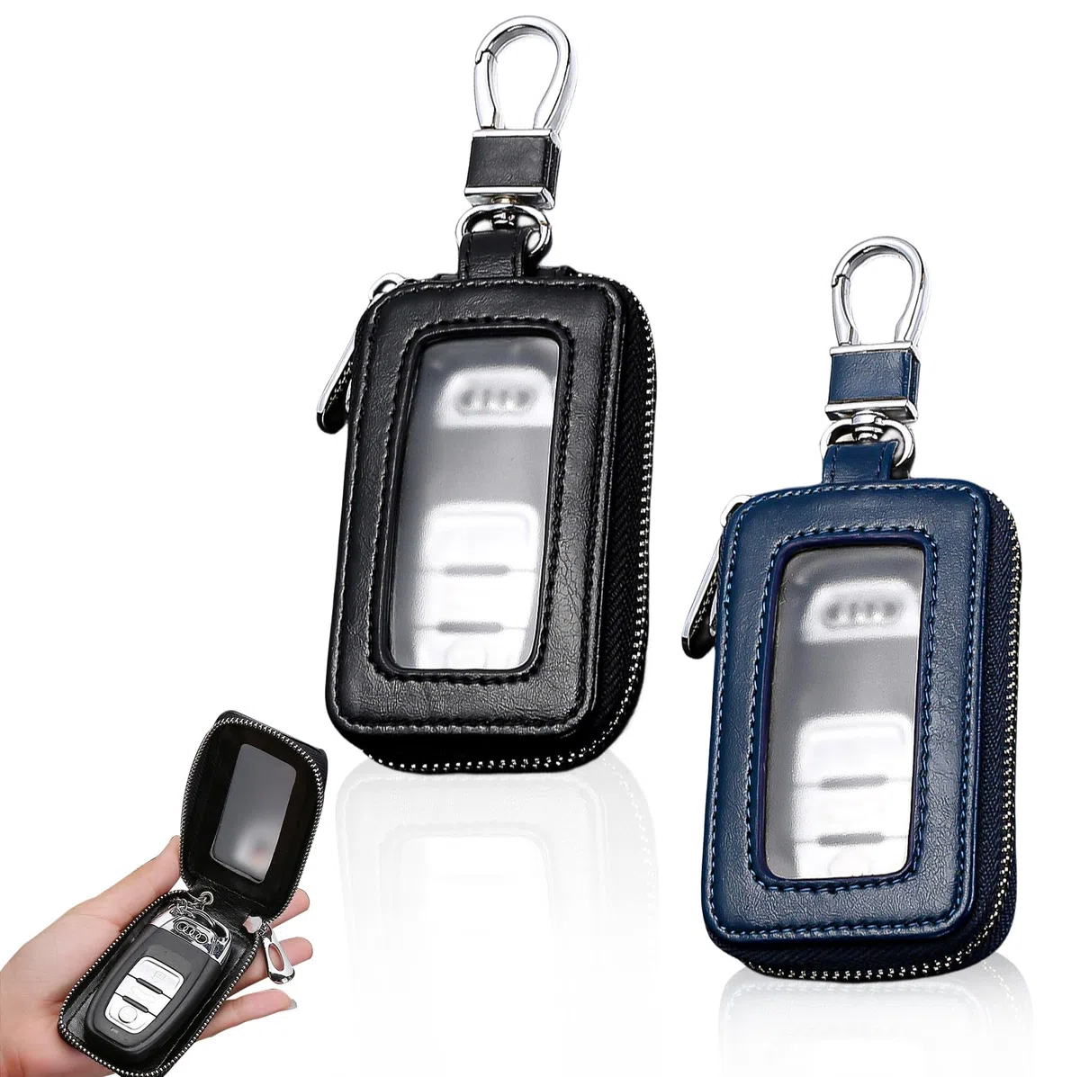 HOMURY Lot de 2 étuis à clés de voiture : étui à clés vintage avec fermeture éclair et mousqueton, housse de protection pour porte-clés, étui universel portable (noir, bleu roi), noir, bleu