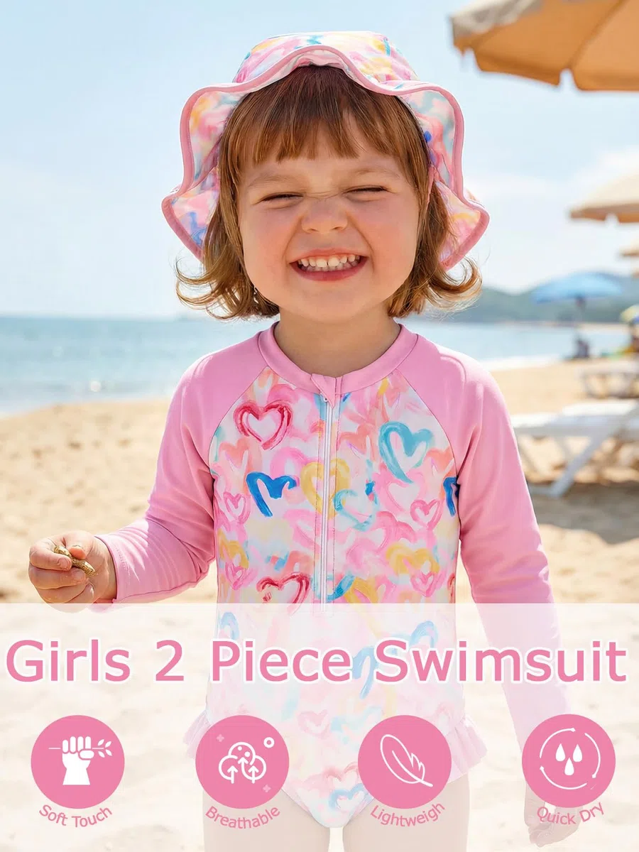 JiAmy Maillot de bain une pièce Rashguard à manches longues pour fille avec capuche, fermeture éclair, maillot de bain imprimé