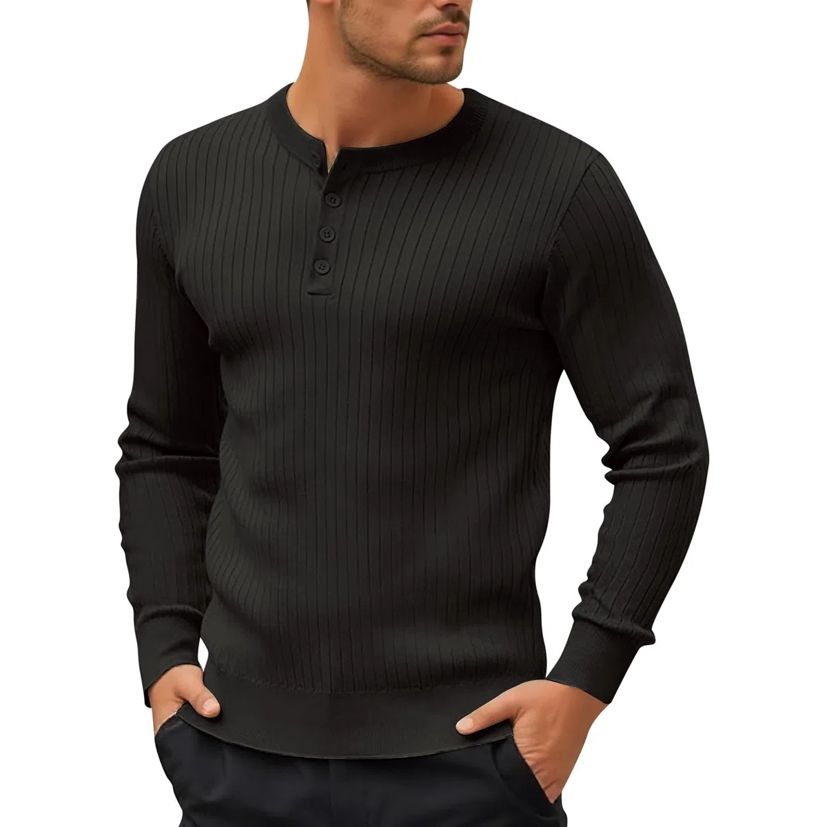 Pull 1/4 Boutons Col Rond Jersey pour Hommes Slim Fit, T-Shirt Thermique Manches Longues Haut Hiver Léger, sous-Vêtement de Détente Confortable, Polo Homme Coupe Ajustée pour Sport Running Travail