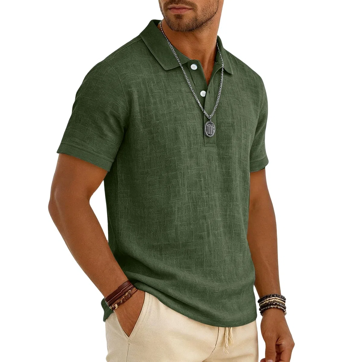 Chemise Homme Style Henley Col Mao Manches Lin Mélangé Ample Décontracté pour Été Bureau