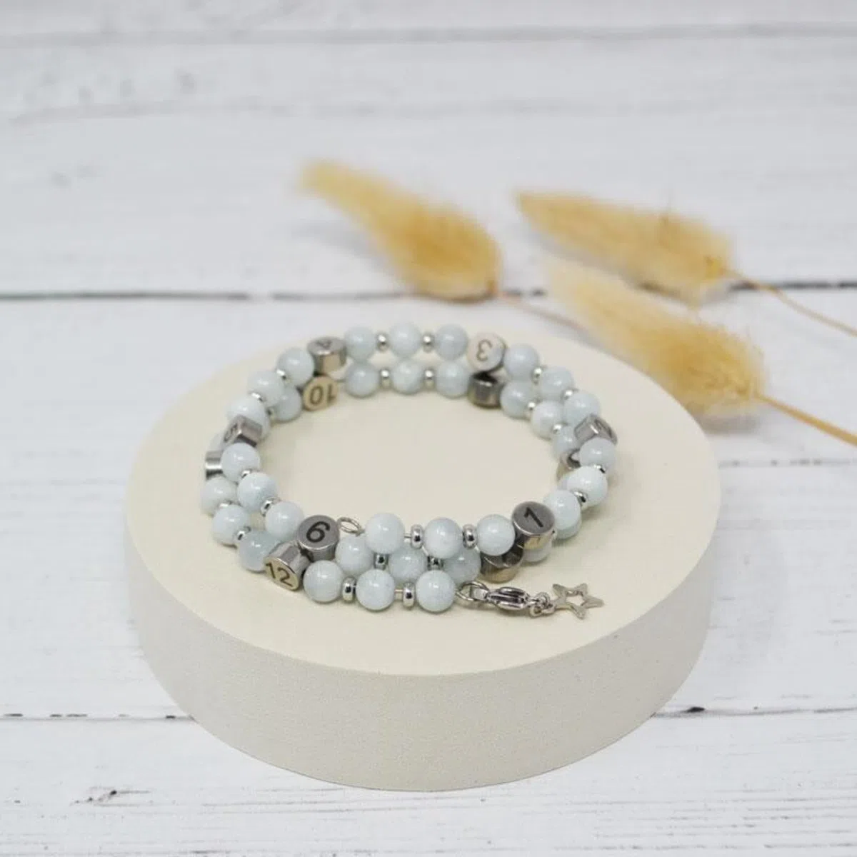 IRREVERSIBLE BIJOUX - Bracelet d'Allaitement & Biberonnage Pierres Aigue Marine Béryl - Suivi Précis Heures Tétées/Biberons - Pierre Apaisante Certifiée - Ajustable - Cadeau Baby Shower maman Unique