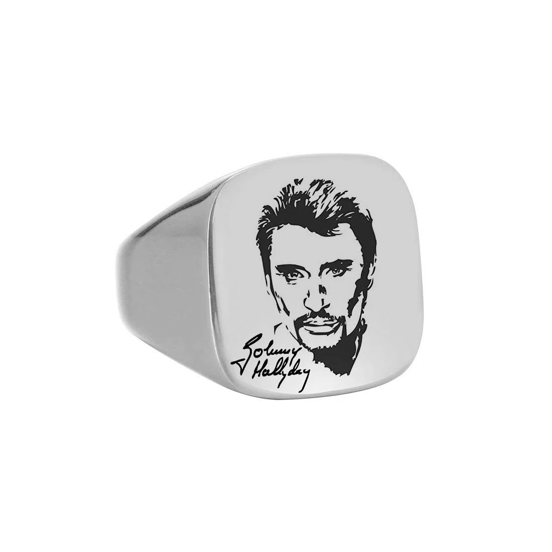 Johnny Hallyday Bague Chevalière Homme Acier Inoxydable Anneau Bague Sceau avec Signature Johnny Le Boss Rock