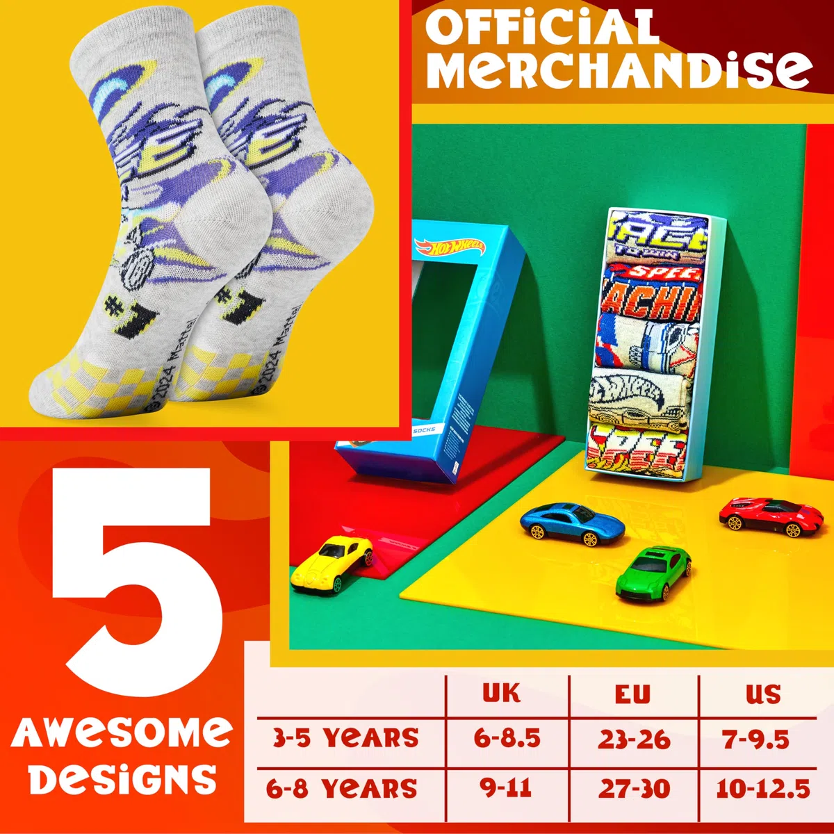 Hot Wheels Chaussettes Mi-Mollet Garçon, Coffret de 5 - Cadeau Enfant