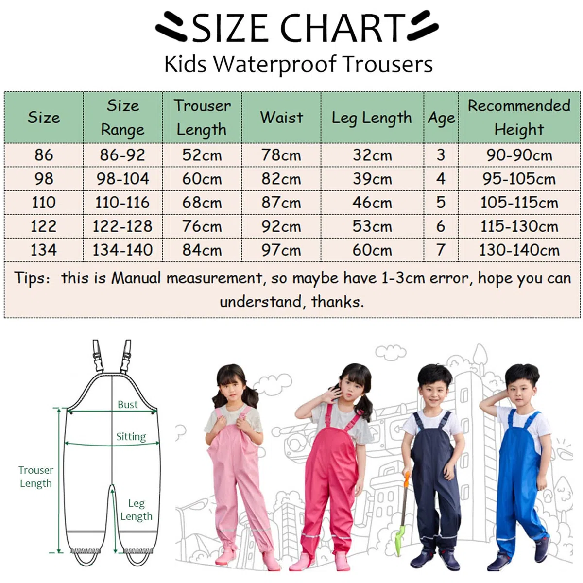 FANSU Pantalon de Pluie Enfant Imperméable Salopette, Pantalon de Pluie d'Extérieur avec Bretelles pour Garçons et Filles pour Jeux Boueux, Aventures en Bord de Mer