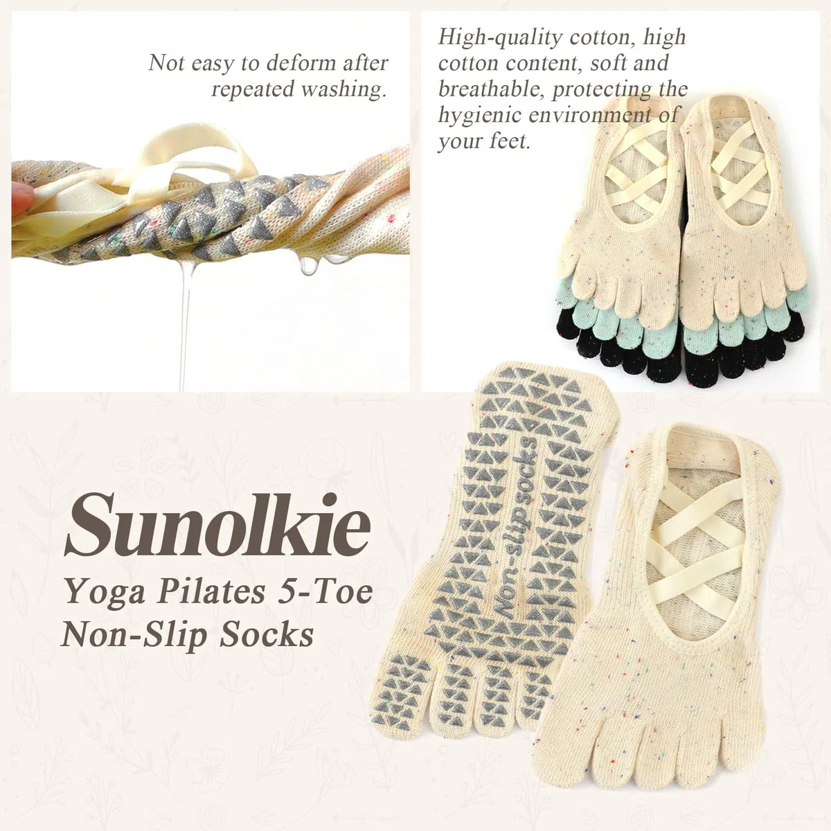 Lot de 3 paires de chaussettes de yoga antidérapantes pour femme avec poignées et sangles antidérapantes