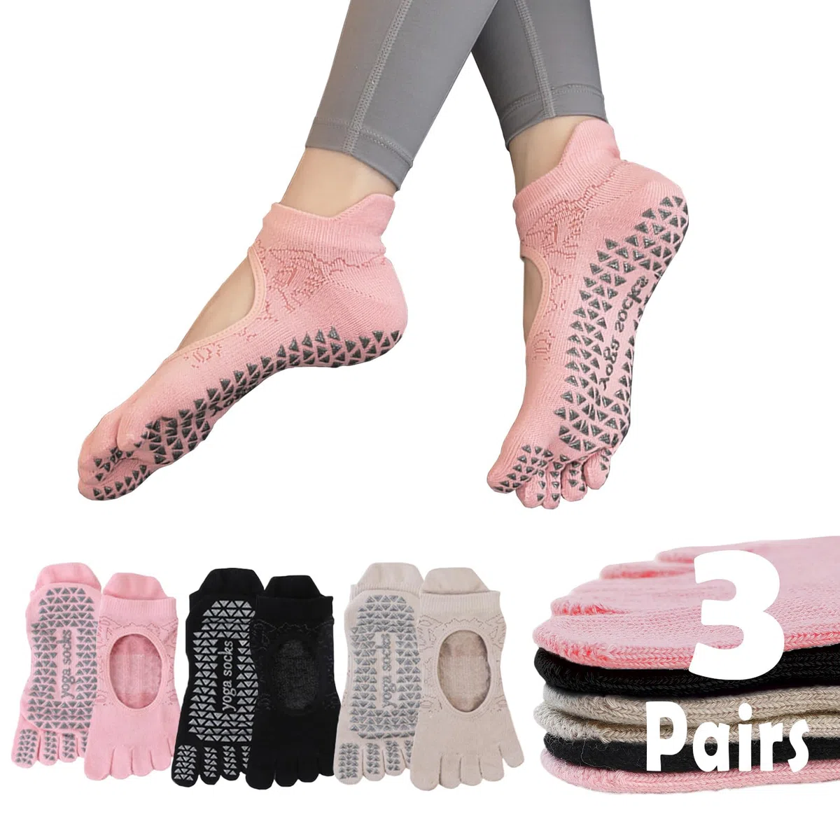 Chaussettes de Yoga Pilates Chaussettes Tabi Antidérapantes Chaussettes de Fitness Danse Femme